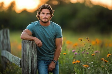 Obraz premium Handsome man with wavy hair leans on a rustic fence in a sunlit meadow of wildflowers.