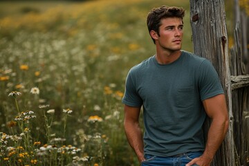 A handsome man stands in a field of wildflowers, leaning against a rustic wooden fence.