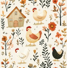 Charming cartoon pattern depicting chickens and hens among flowers in a vibrant farm setting