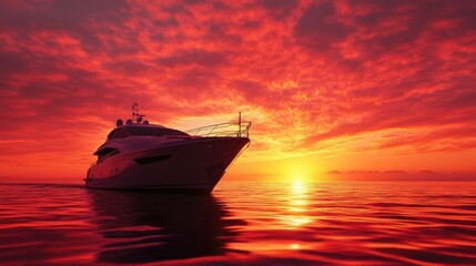 A luxurious yacht silhouetted against a vibrant sunset, casting reflections on calm waters, creating a serene atmosphere perfect for relaxation and leisure activities