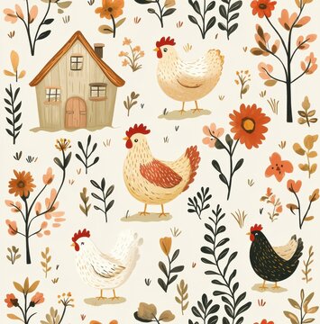 Charming cartoon pattern depicting chickens and hens among flowers in a vibrant farm setting
