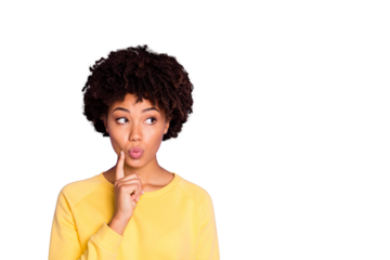 Photo of trendy cute nice attractive pondering millennial pouting her lips thinking on her plans about future looking into empty space nearby isolated over purple pastel color background