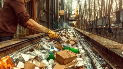 Waste sorting plant. Workers sort the garbage on the conveyor. Waste disposal and recycling.Many different conveyors and bunkers. 