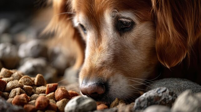 Hungry dog in dry foods mound with big meal concept. A golden retriever dog intently sniffing dog food on the ground.