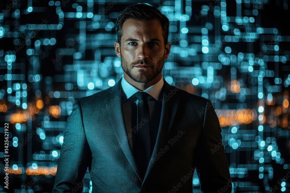 Leinwandbilder a man in a suit stands confidently before a backdrop of digital code, symbolizing technology and suc