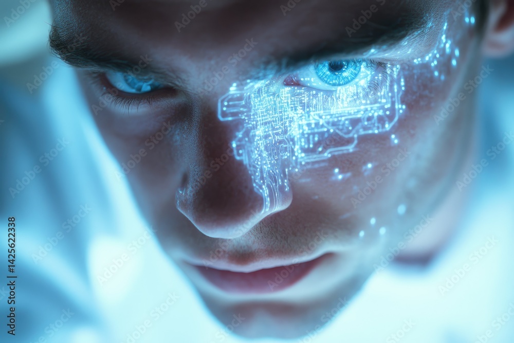 Aufkleber Close-up of a person's face with futuristic glowing circuit patterns overlayed on their skin, emphasizing technological integration with the human body.