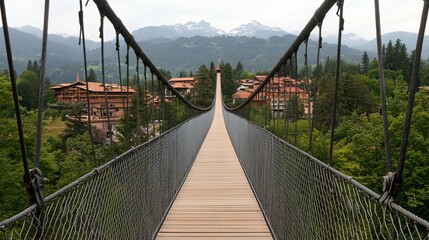Obraz premium Suspension bridge spanning valley, picturesque mountain village