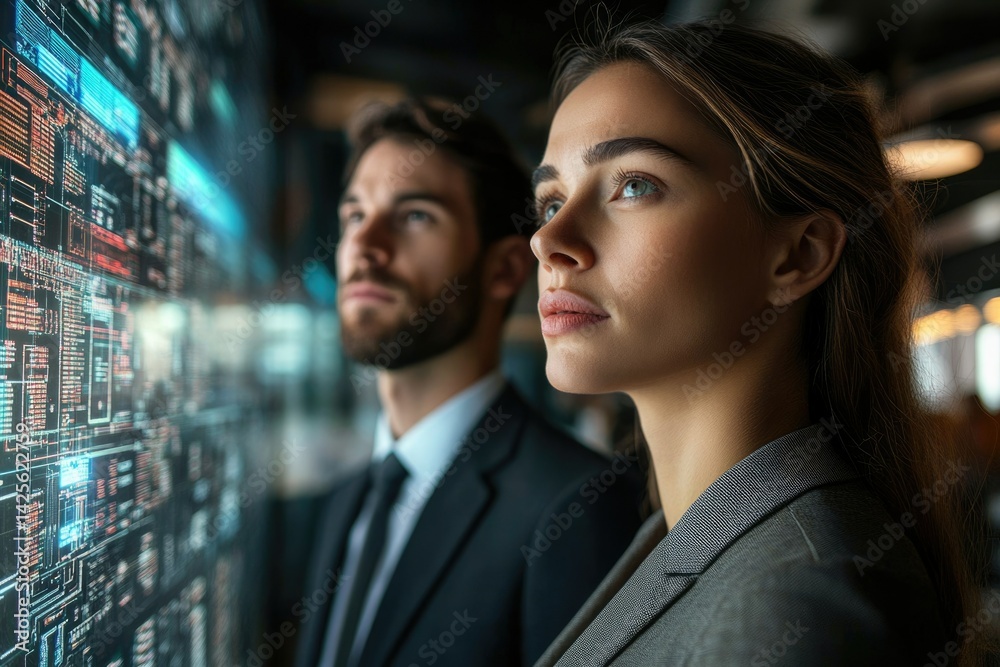 Aufkleber A man and woman in business attire attentively observe a large digital screen displaying complex data streams.