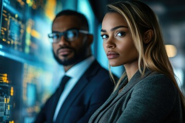A woman and a man in business attire stand confidently before a futuristic data screen, projecting an image of success and innovation.