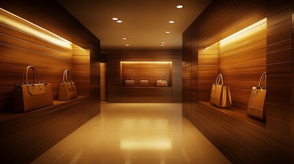 Luxury handbag store interior.  Wooden display niches
