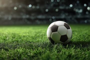Fototapeta premium Closeup Soccer Ball on Green Grass Field at Night Stadium