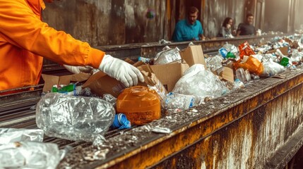 Waste sorting plant. Workers sort the garbage on the conveyor. Waste disposal and recycling.Many different conveyors and bunkers. 