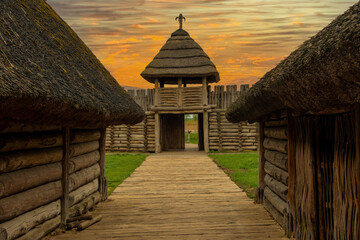 Historical Wooden Settlement in Biskupin from the Bronze Age, Poland – Wooden Gate and Wall.