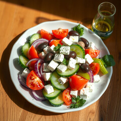 Authentic Greek Salad with Feta Cheese, Tomatoes, Cucumbers, and Olives