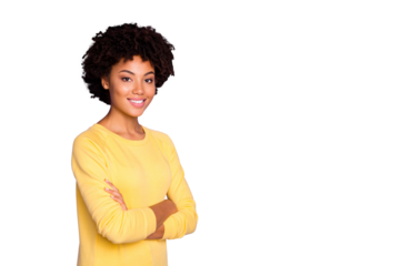 Close-up profile side view portrait of her she nice attractive charming lovely cute cheerful cheery content wavy-haired girl folded arms isolated over violet purple lilac pastel color background