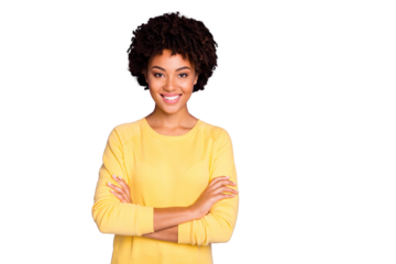 Photo of trendy sweet pretty representative of business people community standing confidently with arms crossed smiling toothily wearing yellow sweater isolated over purple pastel color background