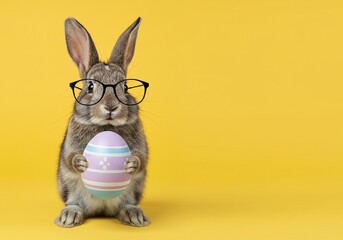An adorable bunny rabbit wearing glasses, holding a decorated Easter egg