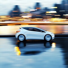 Modern vehicle in motion, city lights blurred background