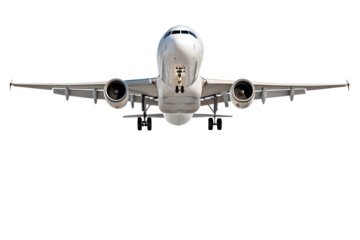 Realistic high-detailed white jet airliner taking off, isolated on a transparent background. Perfect for travel, aviation, airline services, global transportation, or business flight-themed visuals.