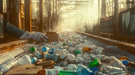 Waste sorting plant. Workers sort the garbage on the conveyor. Waste disposal and recycling.Many different conveyors and bunkers. 
