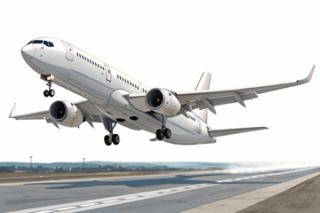 Realistic high-detailed white jet airliner taking off, isolated on a transparent background. Perfect for travel, aviation, airline services, global transportation, or business flight-themed visuals.