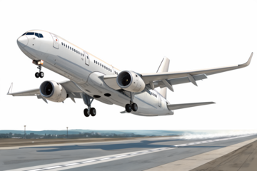 Realistic high-detailed white jet airliner taking off, isolated on a transparent background. Perfect for travel, aviation, airline services, global transportation, or business flight-themed visuals.