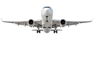 Realistic high-detailed white jet airliner taking off, isolated on a transparent background. Perfect for travel, aviation, airline services, global transportation, or business flight-themed visuals.