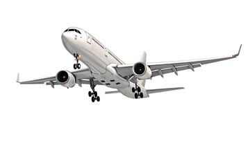 Realistic high-detailed white jet airliner taking off, isolated on a transparent background. Perfect for travel, aviation, airline services, global transportation, or business flight-themed visuals.