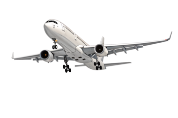 Realistic high-detailed white jet airliner taking off, isolated on a transparent background. Perfect for travel, aviation, airline services, global transportation, or business flight-themed visuals.