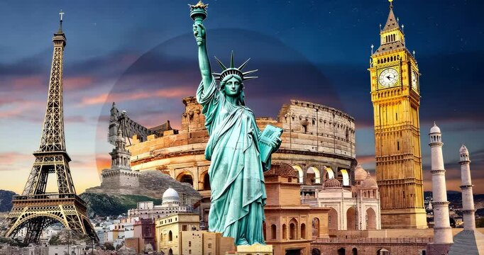 World Landmarks Collage, diverse locations, global travel, background