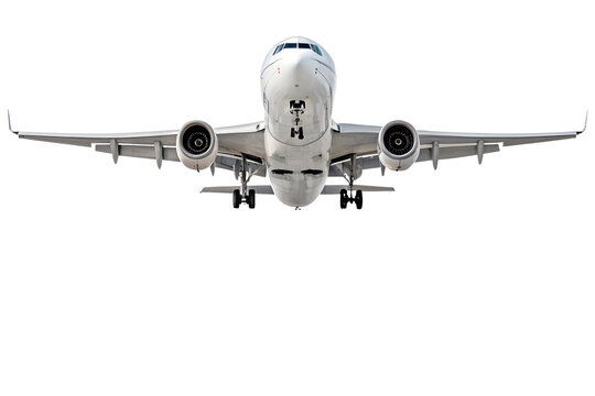 Realistic high-detailed white jet airliner taking off, isolated on a transparent background. Perfect for travel, aviation, airline services, global transportation, or business flight-themed visuals.