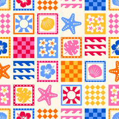 Colorful hibiscus, starfish, seashell, sun, monstera leaf with square pattern design for summer holidays background. © NTRdesign