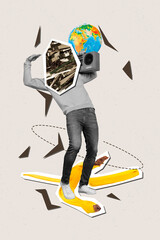 Zine creative vertical photo collage of headless guy instead bag cellophane earth pollution problem...