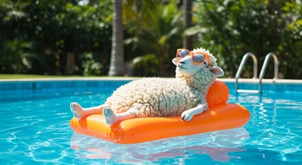 A sheep is relaxing on a float in a swimming pool, wearing sunglasses, and enjoying the sun