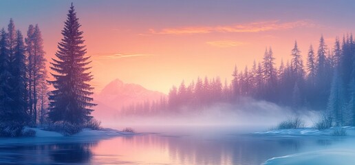 Fototapeta premium A beautiful winter landscape with trees and a river in the mist, at sunrise. 