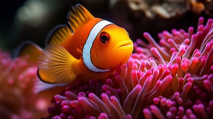 Obraz premium Anemonefish finding refuge among sea anemones, a beautiful symbiotic relationship,