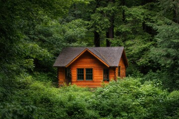 Charming wooden cabin surrounded by lush greenery in a peaceful forest setting