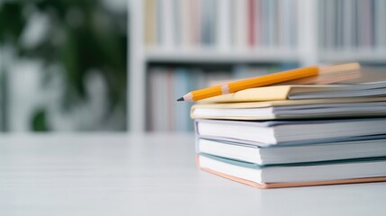 Stack of books and a pencil on a table in a library setting
