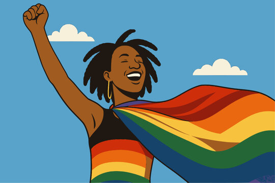 Black queer person holding rainbow flag LGBT pride or gay pride. Lesbian, gay, bisexual, and transgender (LGBT) people proud of their sexual orientation and gender identity. coming out day
