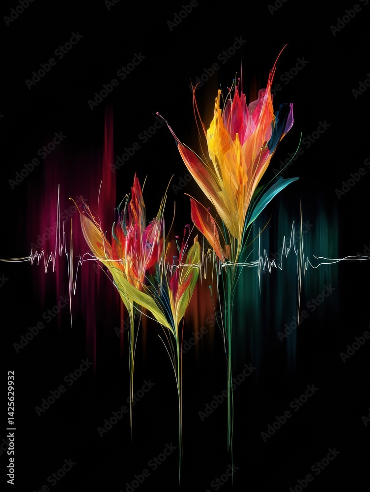 Aufkleber Heart Monitor Waveform Elegantly Transforms Into Vibrant Flower Petals Representing Life and Vitality in a Striking Visual Display