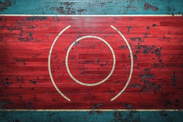 Birds-eye view of a unique maple hardwood basketball floor displaying distinctive colors