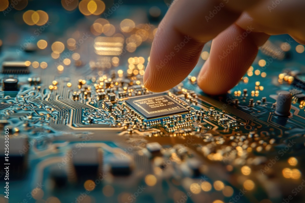 Poster a finger gently touches a microchip on a circuit board, showcasing intricate electronic components a