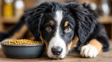 Hungry dog in dry foods mound enjoying lunch concept. Cute dog resting near a bowl of food, looking curiously.