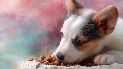 Obraz premium Hungry dog in dry foods mound enjoying lunch concept. A playful puppy eagerly enjoying delicious dog food indoors.