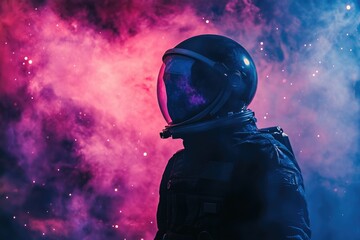 Silhouetted astronaut gazing at a vibrant nebula, cosmic wonder and exploration.