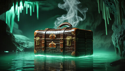 A vintage-style set of luggage, adorned with rusted hardware and worn, golden buckles, crafted from the rich, dark brown skin of an alligator.