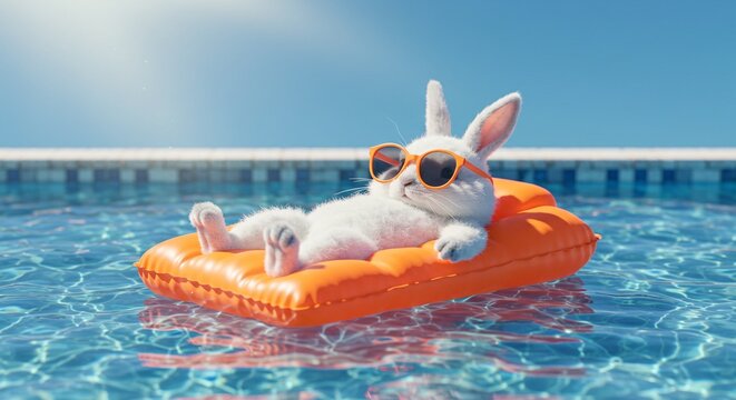 A fluffy white bunny rabbit wearing sunglasses relaxes on an orange inflatable raft in a swimming pool on a sunny day.  