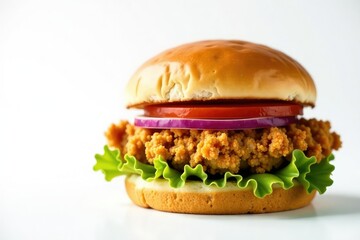 Crispy chicken sandwich, layered, on white backdrop , menu, crispy, food photography