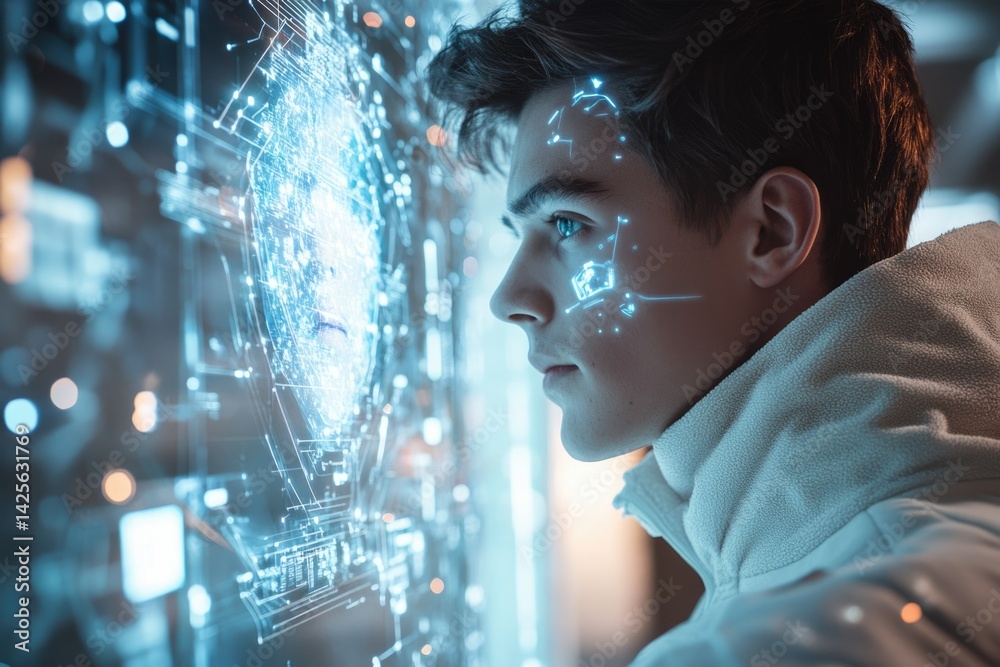 Poster Young man interacts with a futuristic holographic interface, showcasing digital data and neural network visualizations.