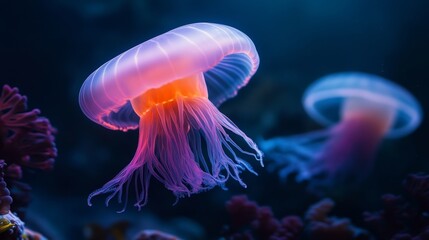 Bioluminescent marine life glowing in the dark ocean, vibrant and mysterious,